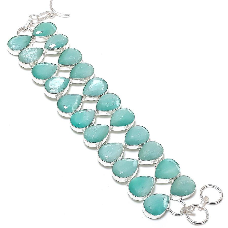 Natural Blue Chalcedony Gemstone Handmade 925 Sterling Silver Bracelet 7-8" w6h39