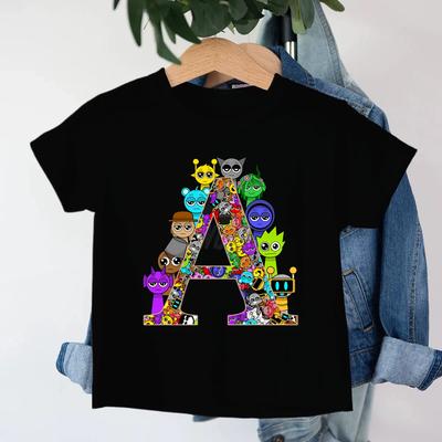 Modisches Sprunki Letter Print Jungen und Mädchen T-Shirt Kurzärmlig Baumwolle Y2k Kinder-T-Shirt Kinderkleidung
