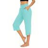 Women  Elastic High Waist 3/4 Pant Casual Active  Fit Wide Capris Leg Pants Trousers With Pockets