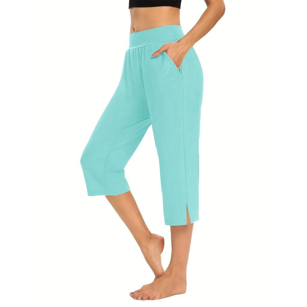 Women  Elastic High Waist 3/4 Pant Casual Active  Fit Wide Capris Leg Pants Trousers With Pockets