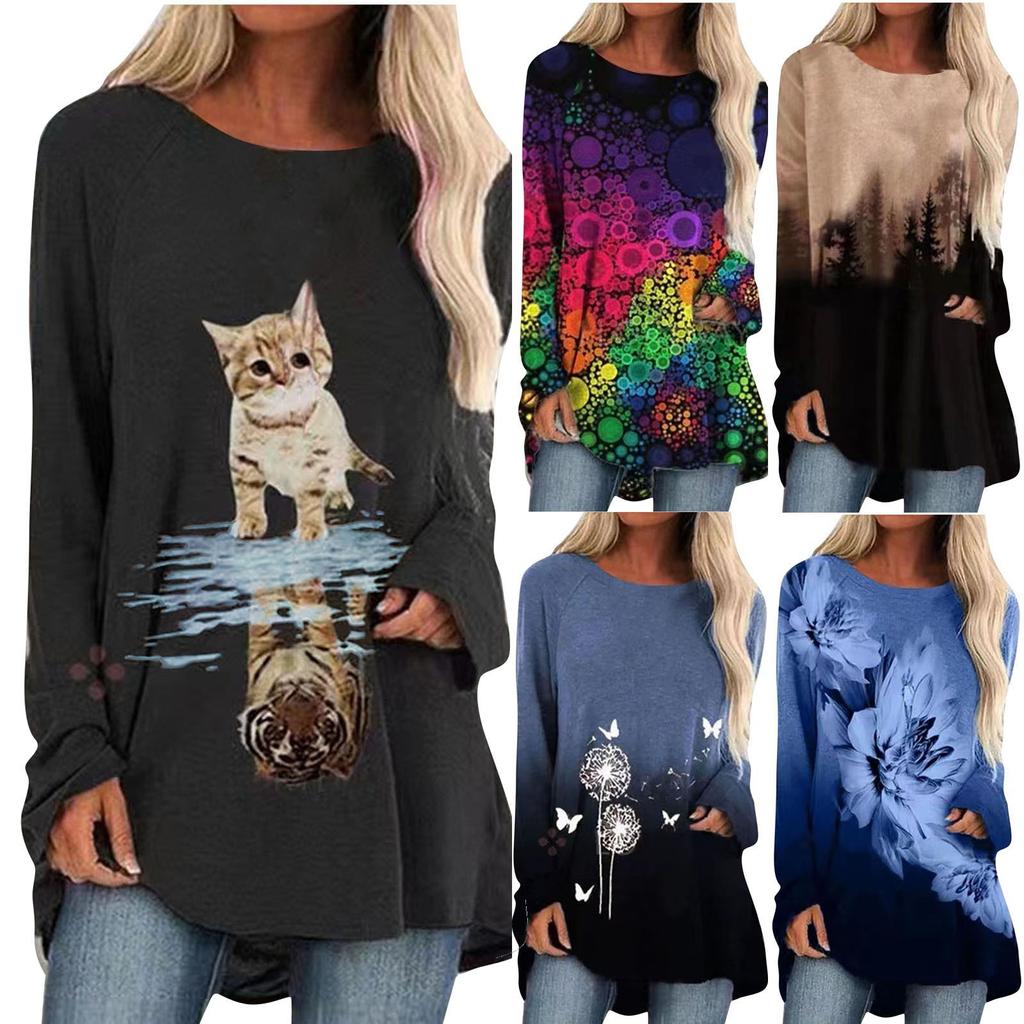 Fashion Women's  Printed Long Sleeve Round-Neck T-Shirt Long Style Tops