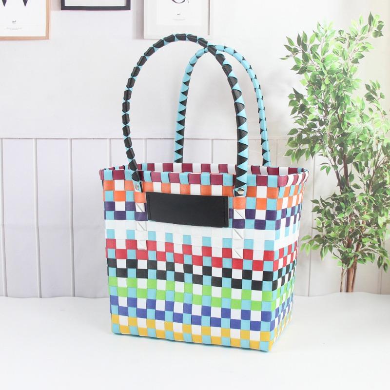 Color Hand Basket Woven Bag Plastic Vegetable Basket Large Capacity Beach Vacation Bag Hand Bag Large Capacity Storage