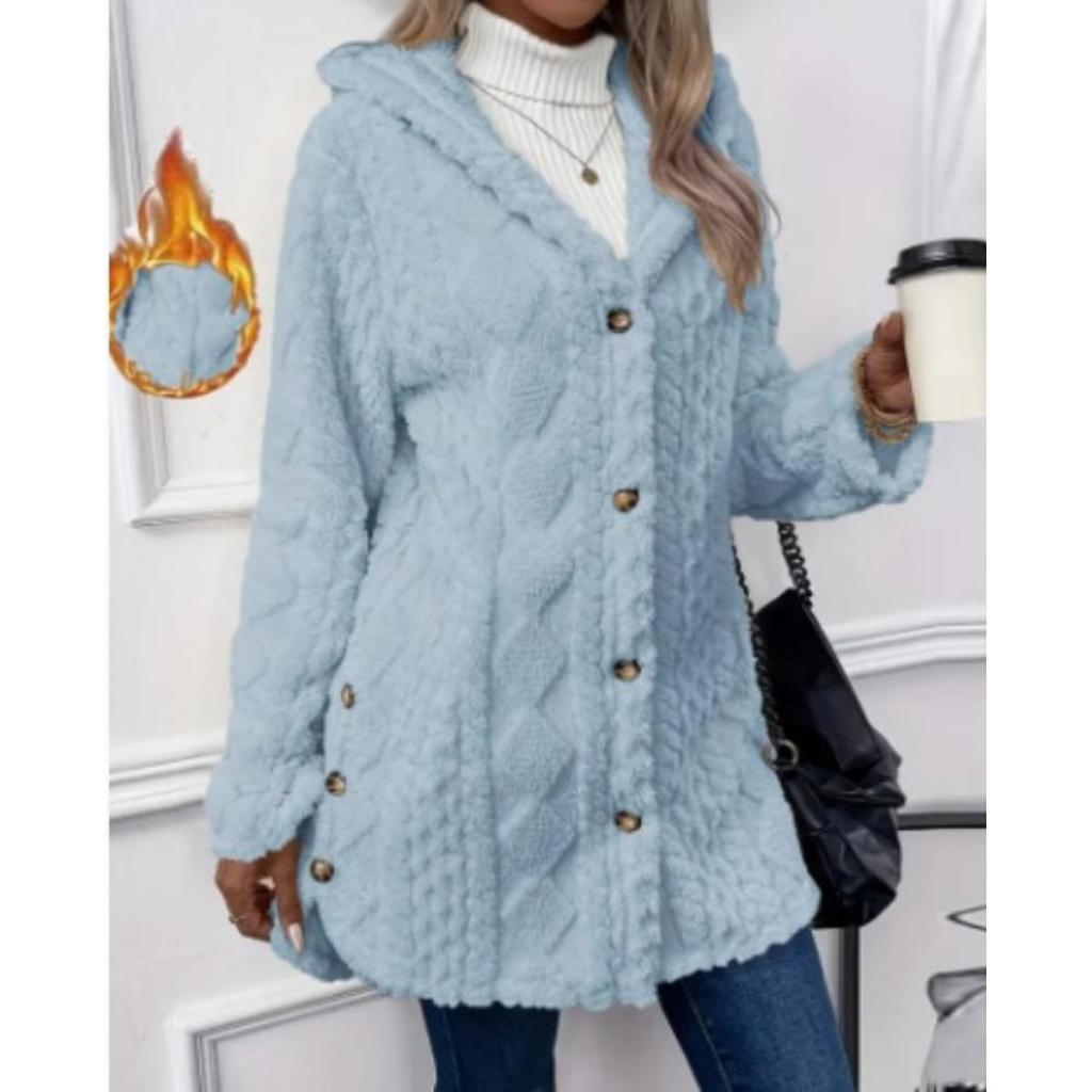 Autumn and Winter Hooded Solid Color Cardigan Button Long Sleeved Casual Fleece Jacket