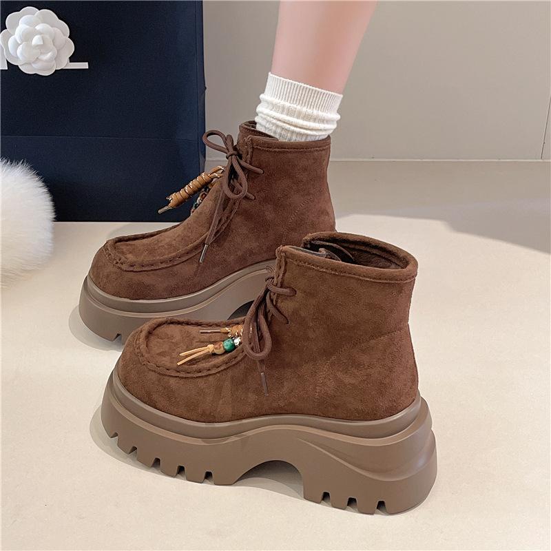 

Маффины на толстой подошве, увеличивающие рост, короткие ботинки для детей, новинка 2025 года, лето и осень, маленький британский стиль, ботинки Мартин, рабочие ботинки, ботинки-локомотивы 40 темно-коричневого