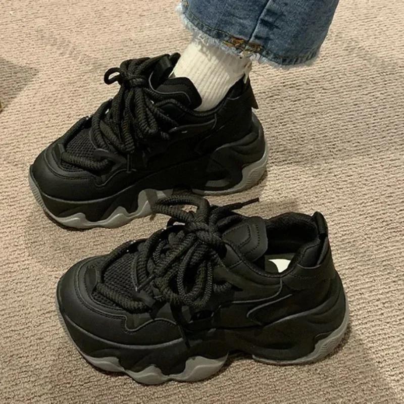 Tênis Plataforma Tratorada Feminino Moda Outono Tênis Esportivo Casual de Malha Respirável Feminino Solado Grosso Vulcanizado