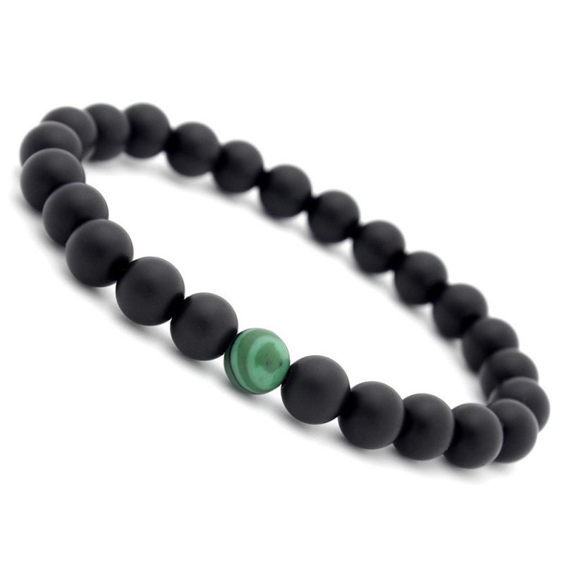 Matte Black & Malachite Stone Couple Bracelet - 8mm Frosted Design