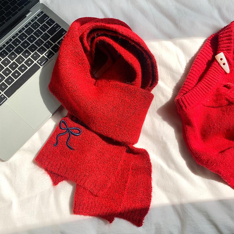 Scarf Women's New Autumn and Winter Japanese Cute Retro English Bow Warm Wool Knitted Scarf Tide