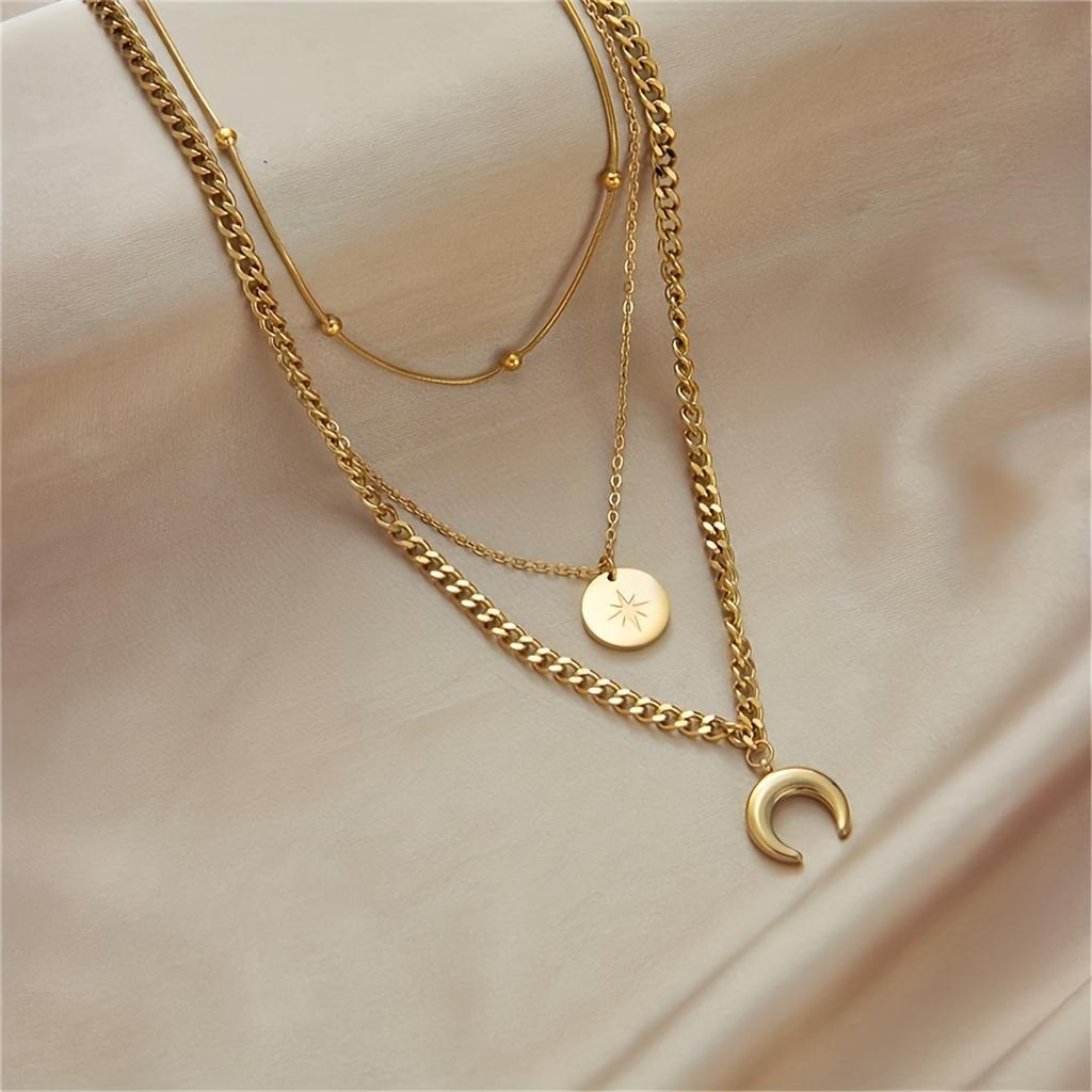 Light Luxury Temperament Retro Pearl Chain Star Moon Round Bead Pendant Titanium Steel Cuban Necklace
