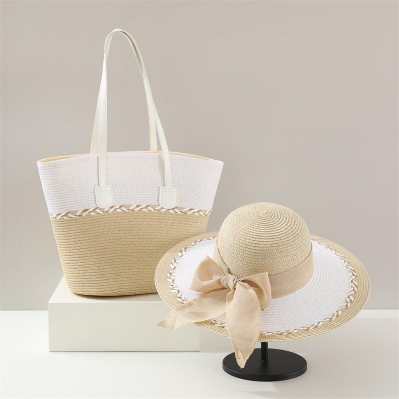 Set Cappello di Paglia e Borsa Tote Con Protezione Solare per Spiaggia e Attività all'Aperto