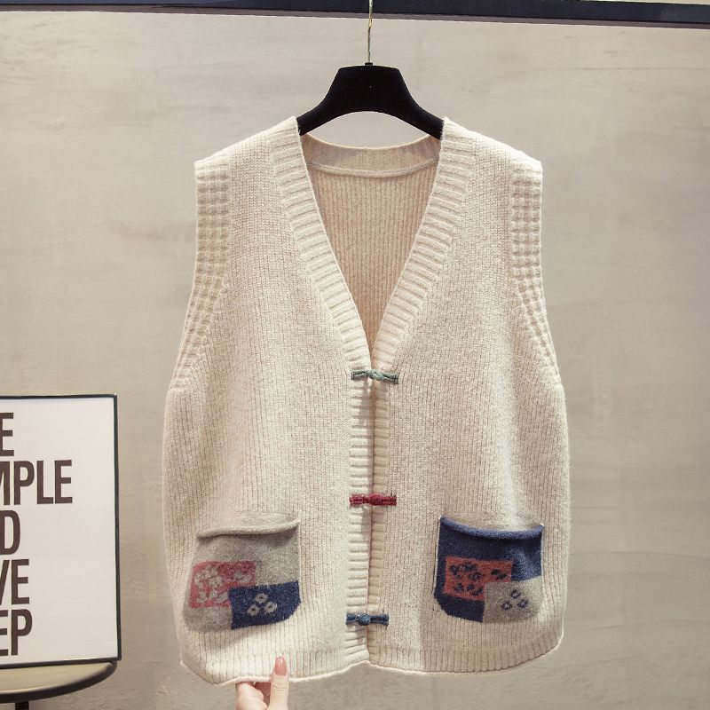 Chinese Style Outer Wear V-Neck Cardigan Knit Vest Women's Autumn Winter Sleeveless Sweater Cardigan