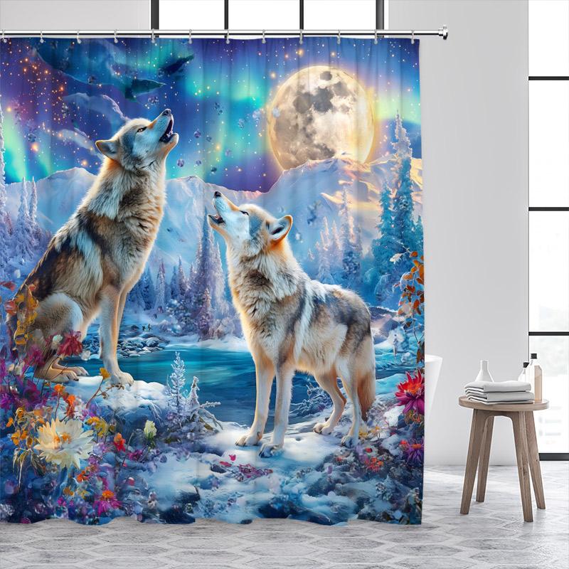 Forest Wolf Shower Curtains Full Moon Mountain Winter Cedar Grey Blue Bathroom Decor Polyester Fabric Bath Curtain With Hooks