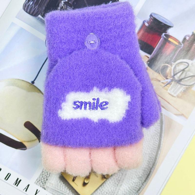 Baby knitted gloves autumn and winter boys and girls fleece warm cartoon cute flip half-finger gloves children's gloves