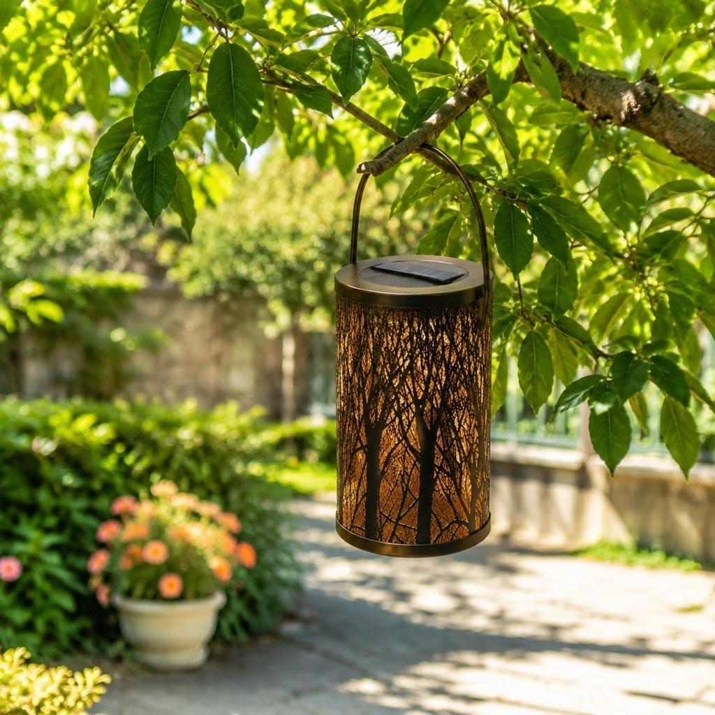 Solar Lantern Outdoor Decorative Metal Garden Light Hollow Pattern Projection Lamp with Tree Design for Patio Yard Pathway Lighting