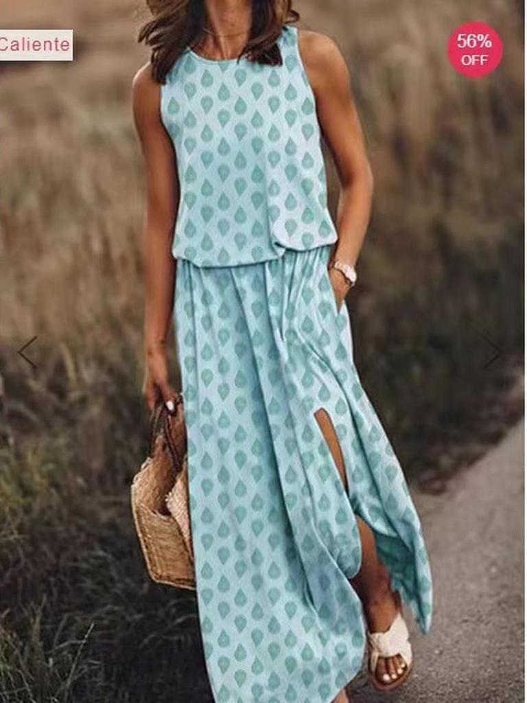 Summer New Women's Imported Dresses Round Neck Sleeveless A-Line Skirt High-Waisted Casual Work Commute Maxi Dress