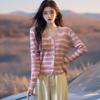 2025 Autumn Women's Rainbow Stripe V-Neck Cardigan Sweater