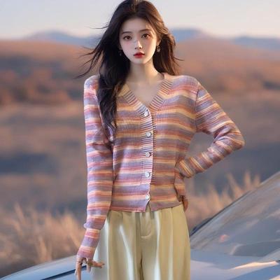 2025 Autumn Women's Rainbow Stripe V-Neck Cardigan Sweater