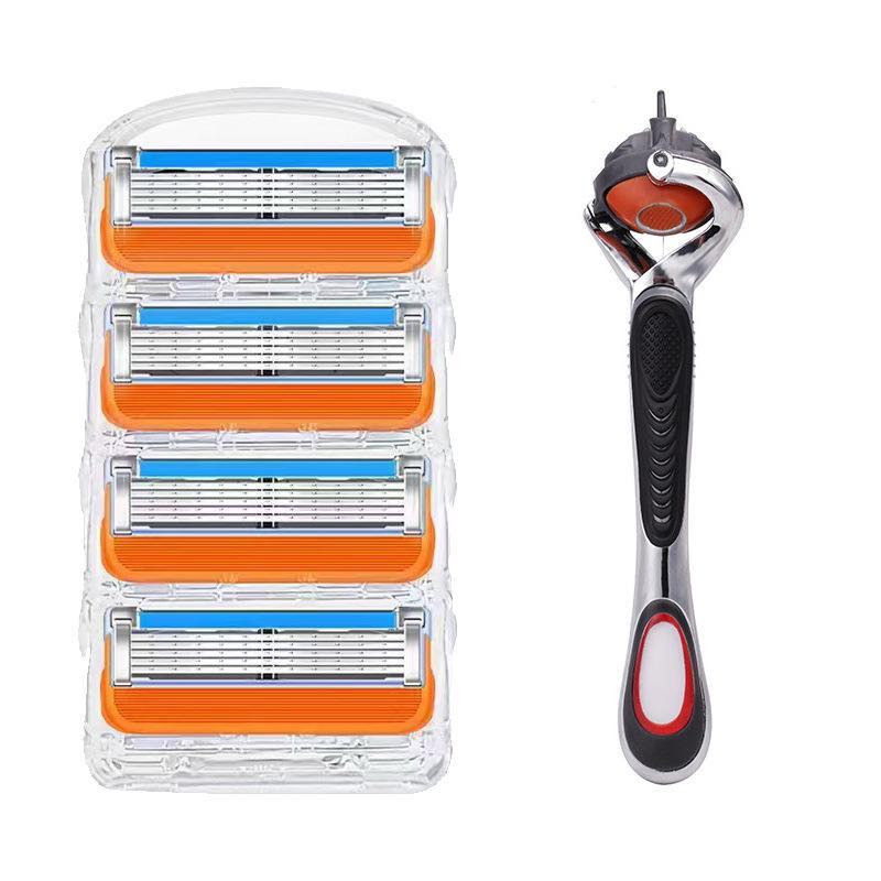 Universal Five-Layer Manual Razor with Shaving Cream, Men's 5-Blade Holder with Orange-Blue Accessories