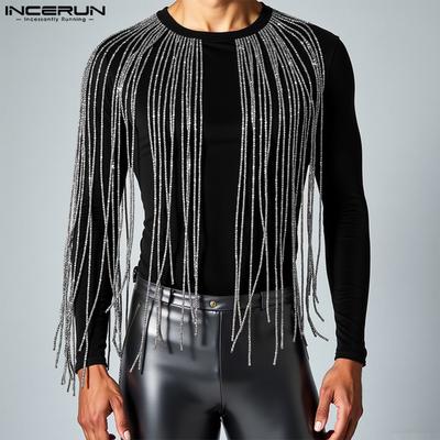 Pánská trička s dlouhým rukávem, flitry, třásněmi, patchwork, ležérní, přiléhavá