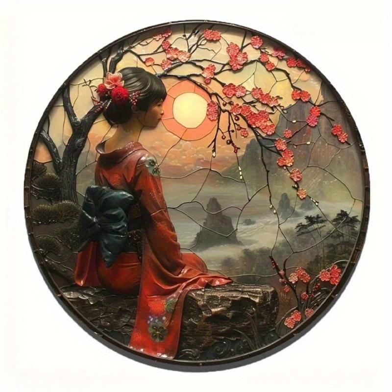 2d Flat 20*20cm, Round Wooden Art Sign, Japanese Kimono Decorative, Entrance Decor Gife, for Home, Kitchen, Garden, Bedroom, Bar Decor.