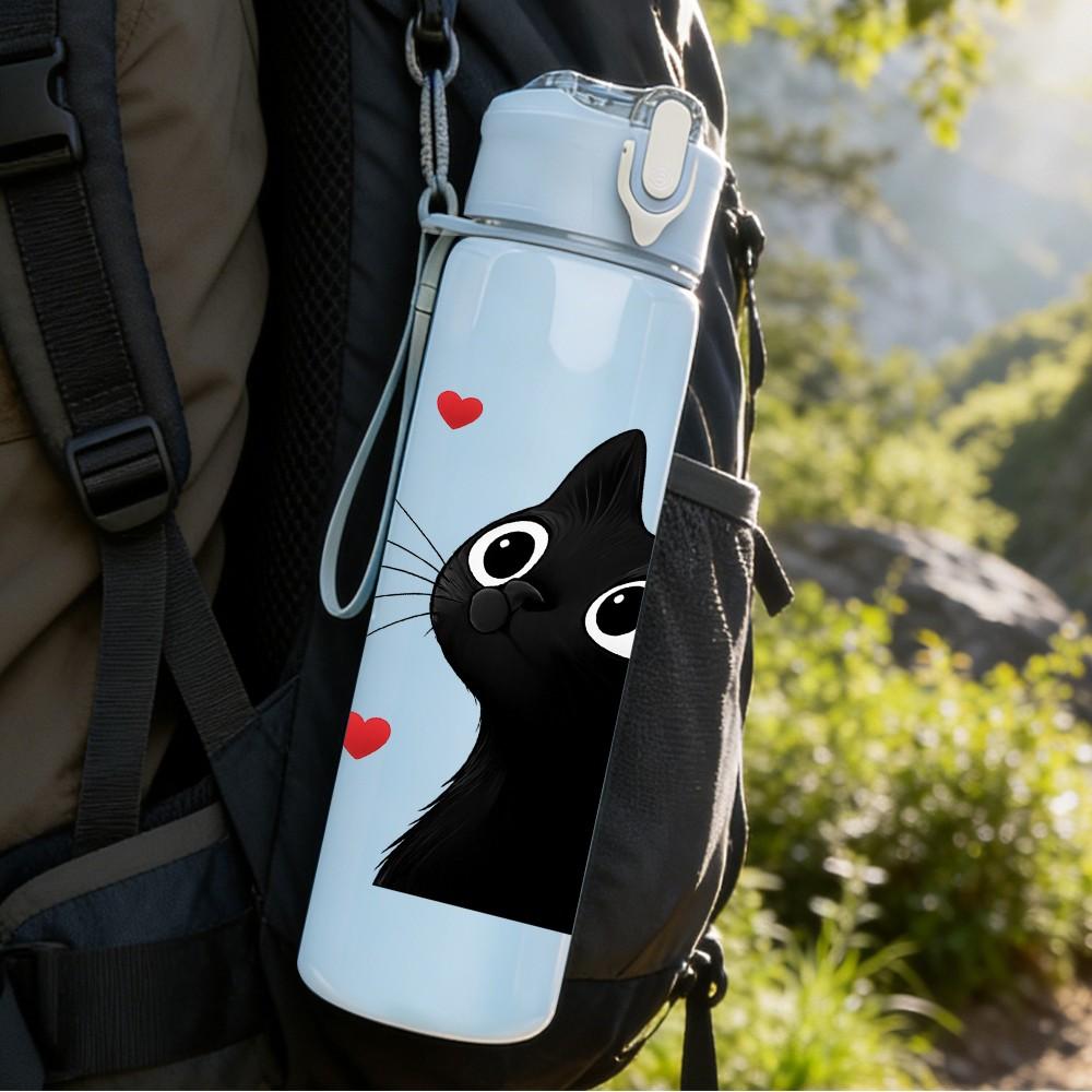 1PC Black Cat Red Heart Pattern 750ml Color Plastic Sports Water Bottle Leakproof Flip Straw Lid Suitable for Sports Office Home Use