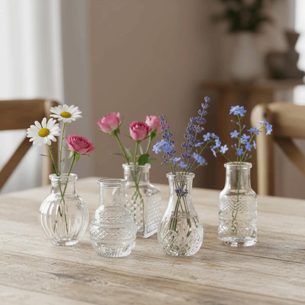 10PCS/SET Retro Relief Mini Glass Vase Crystal Clear European Style Flower Vase Elegant Decorative Small Vase Set Office