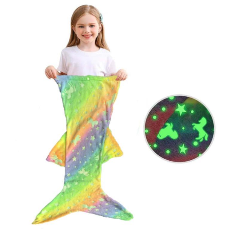 Cartoon Rainbow  Mermaid Tail Blanket Super Soft Glow In The Dark Flannel Mermaid Tail Blanket Girls Sleeping Bag