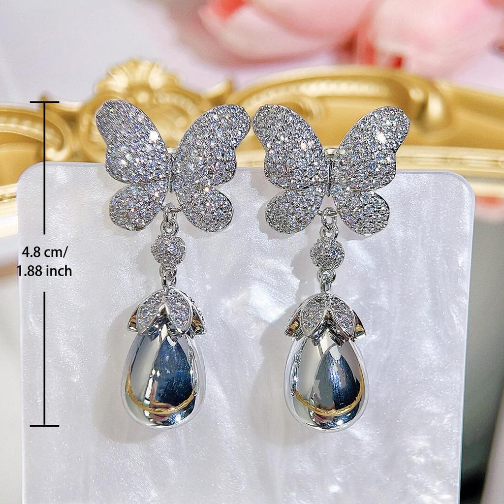 CMM Palace Style Hollow Design Zircon Butterfly Water Drop Artificial Pearl Pendant Earrings Wild Bride Wedding Party Accessories