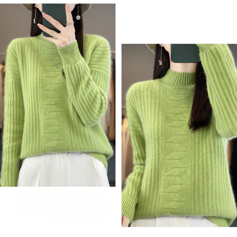 IHUASU Autumn and Winter Wool Sweater Women's Semi-high Neck Jumper Loose Large Size Versatile Knitted Bottoming Shirt Thin Cashmere Sweater