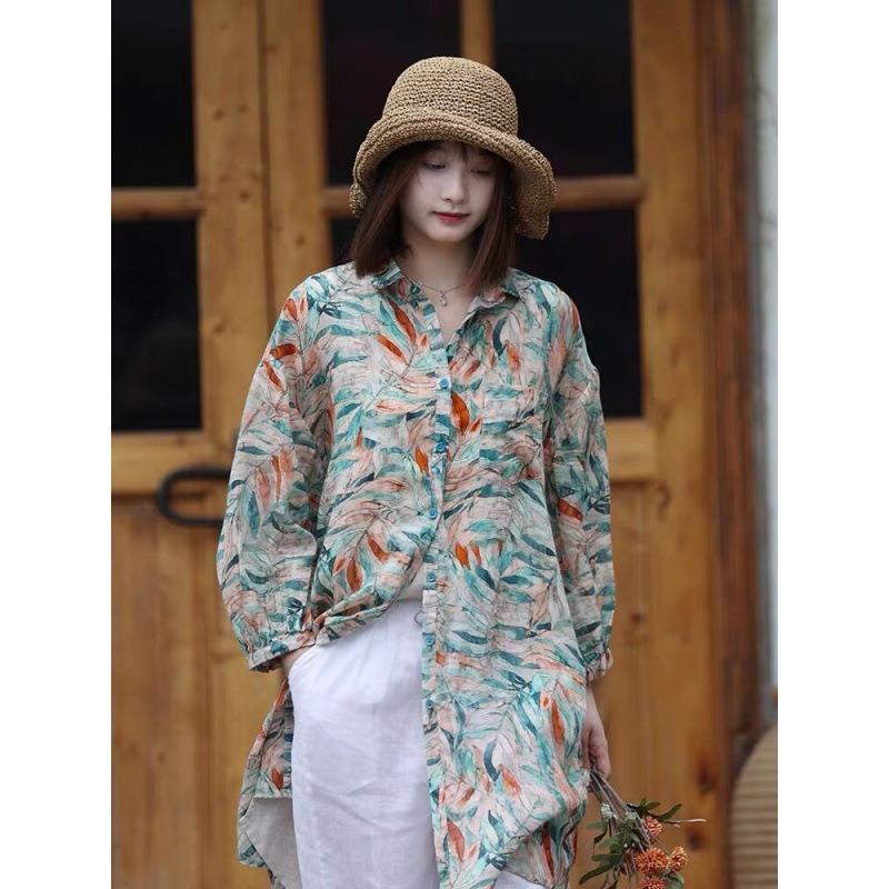 Women S Literary Retro Cotton Linen Floral Long Sleeve Loose Mid Length Shirt