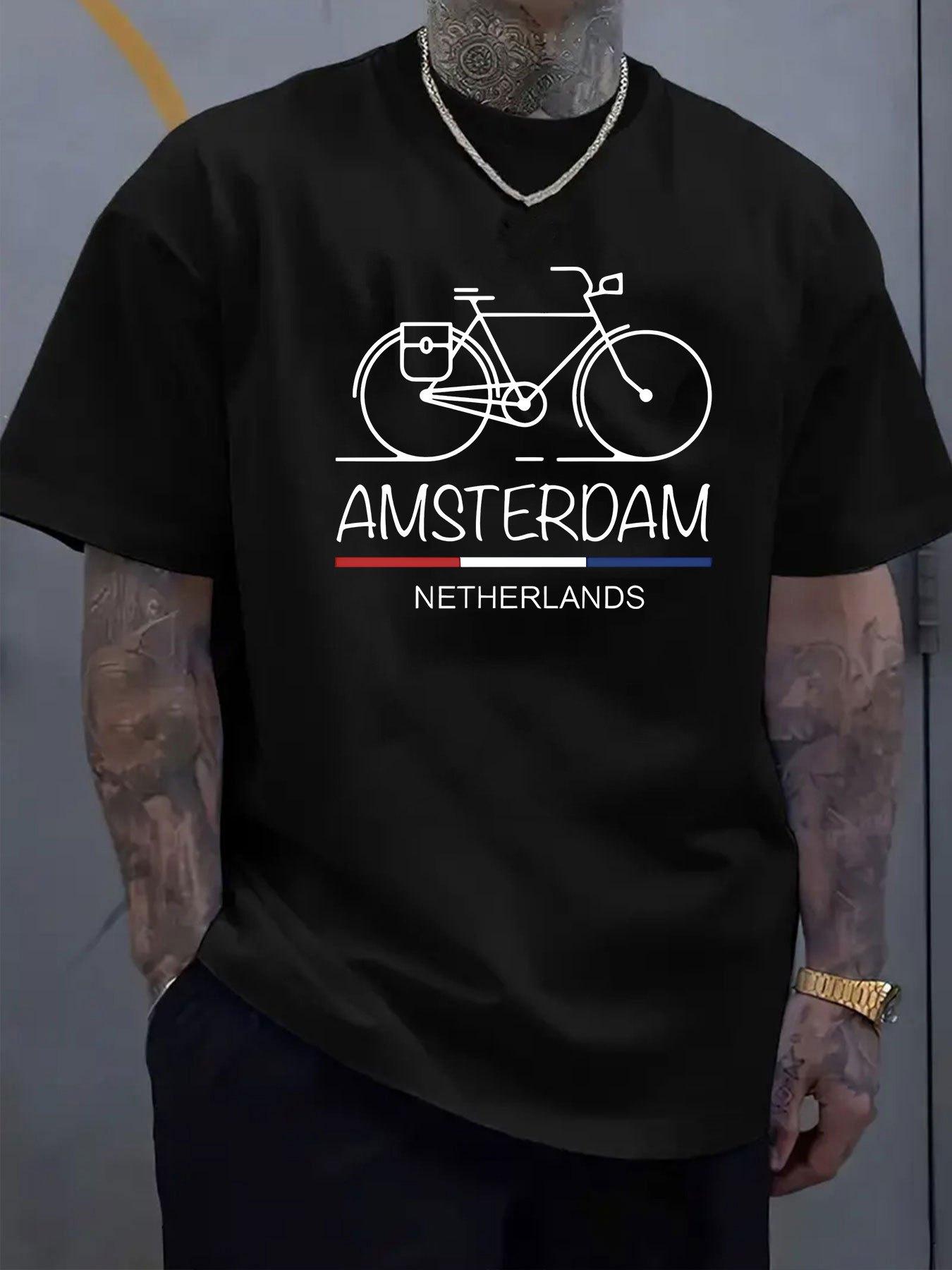 Amsterdam Bicycle Graphic T-shirt - Royal Blue Crew Neck Short Sleeve Top with Netherlands Lettering XXXXL