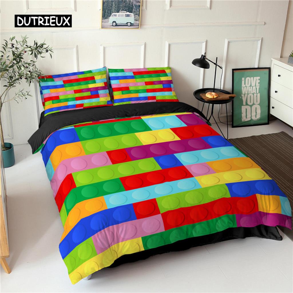 Toy Print Duvet Cover Set Dot Building Blocks Comforter Cover Microfiber Bedding Set Colorful Geometric Bricks Game Quilt Cover