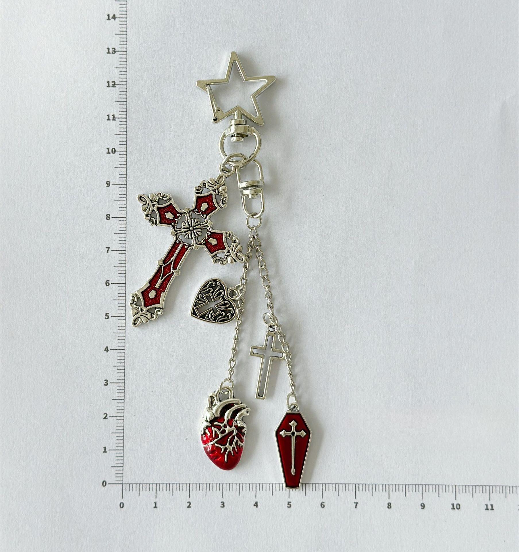 Retro Red Cross Heart Keychain Gothic Key Ring Accessories Bag Pendant Jewelry Gifts