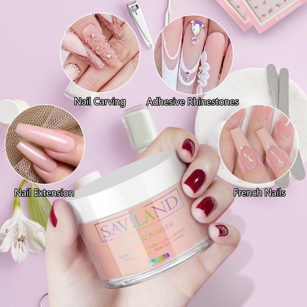 Saviland Nude Acrylic Powder - 30g Single Item, Professional Color Acrylic Nail Powder for Acrylic Nail Extensions, Lengthening Nails, 3D Nail Art