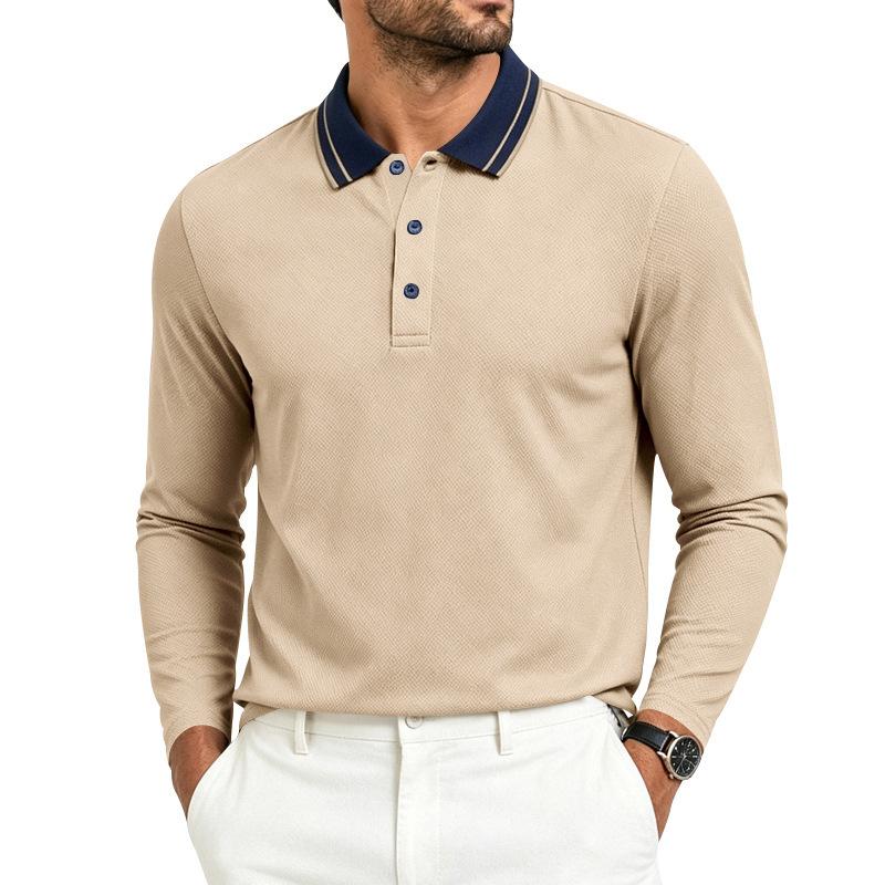 Men Striped Contrast Collar Long Sleeve Polo Shirt, 3 Button Placket Textured Lightweight Business Casual Golf Collared Top Multiple Colors