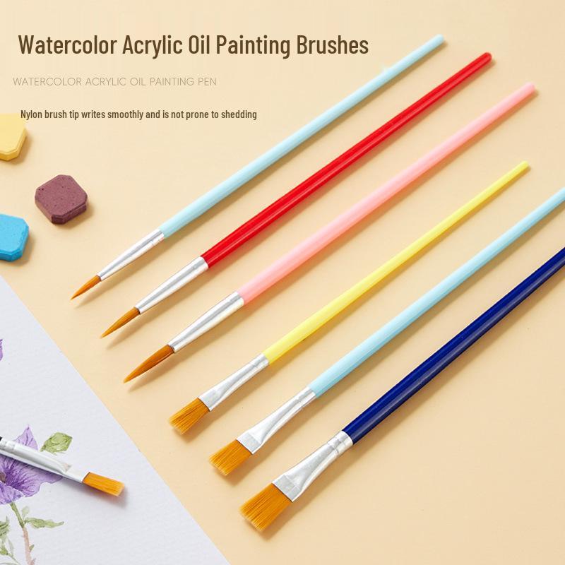 Set of 6 Mixed Head Paintbrushes: Watercolor, Gouache, Nylon Bristle, Round and Liner Brushes for Kids.