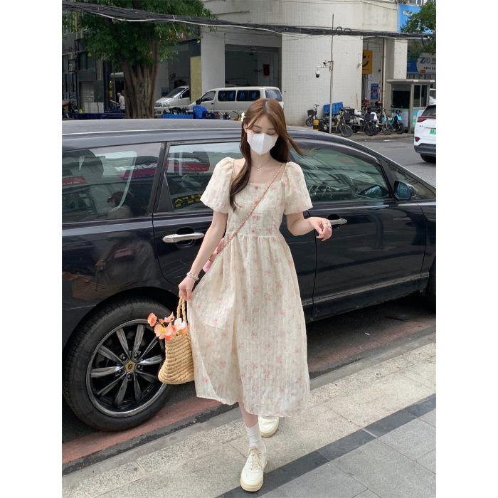 Coffee break French retro floral dress women s summer temperament waist bubble sleeves gentle wind first love long dress S розовый