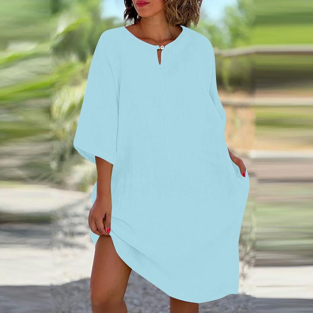 Rochie de vară nouă, de vară, cu mâneci în șapte puncte, din bumbac și in, cu decolteu în V mic, mozaic, de culoare uni