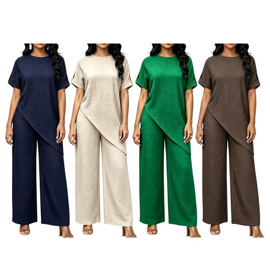 Completi Casual Estivi da Donna 2 Pezzi Top a Manica Corta Girocollo con Orlo Asimmetrico e Pantaloni Lunghi Abbigliamento per il Relax