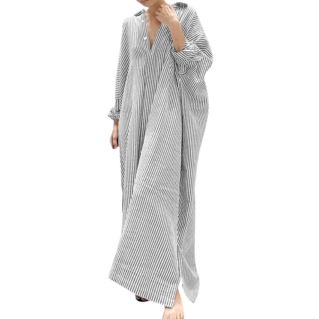 Women's Casual Cotton And Linen Striped Cardigan Loose Temperament Irregular Shirt Dress