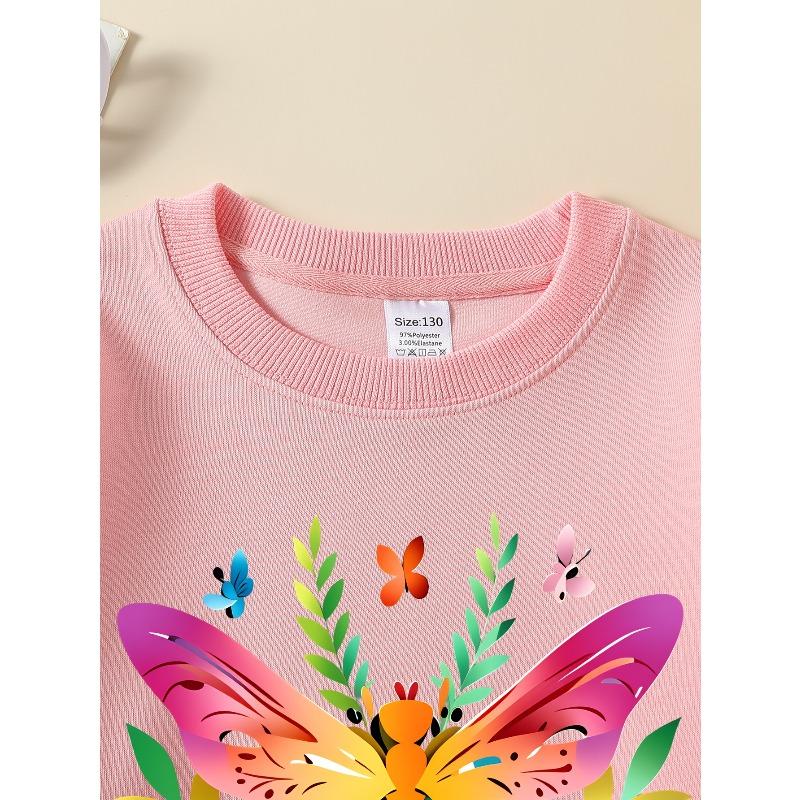 European Sizes Vibrant Dragonflies And Butterflies Crew Neck Sweatshirt for Girls, Autumn Winter Long-Sleeved Western Top.