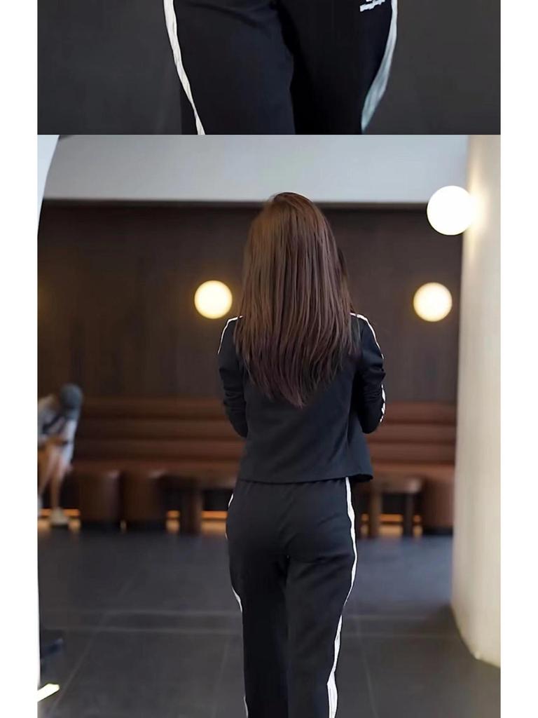 Damski dwuczęściowy strój jesienny 2025 w koreańskim stylu, szykowny: Garnitur: Kurtka ze stójką i spodnie z szerokimi nogawkami