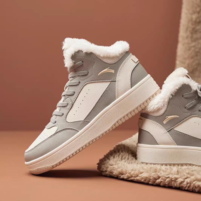 Anta Fabric Leather Fleece Lined Warm Non-Slip Wear-Resistant High-Top Skate Shoes Women Sneakers Gray 922248913-3