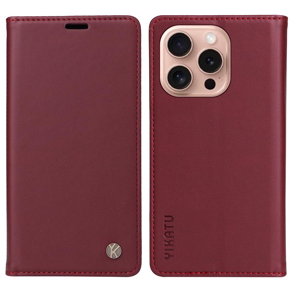 

YIKATU YK-001 For iPhone 16 Pro Protective Case PU Leather Stand Wallet Phone Cover Wine Red