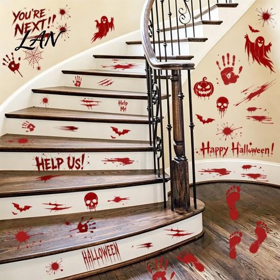 Creepy Text Halloween Decals Horror Stickers, with Spooky Handprints Footprints Printed, Wall Stickers Self-adhesive Decals, for Party And Decorations