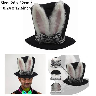 Chapeau Haut de Forme Oreilles de Lapin de Pâques Lapin Blanc Costume Noir Chapeau en Peluche pour Fête d'Halloween Costumes