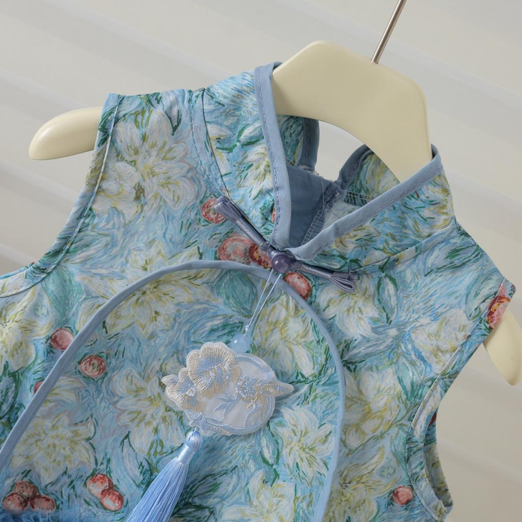 Girls' Chinese-Style Printed Summer Dress With Auspicious Phoenix Design Cool Mesh Cheongsam Dress