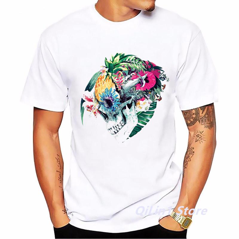 Men 2024 Summer Fashion Skull Flower Plant Print Short Sleeve Tshirt Male TShirt Homme Hip Hop T Shirt Geek Top Cool Streetwear