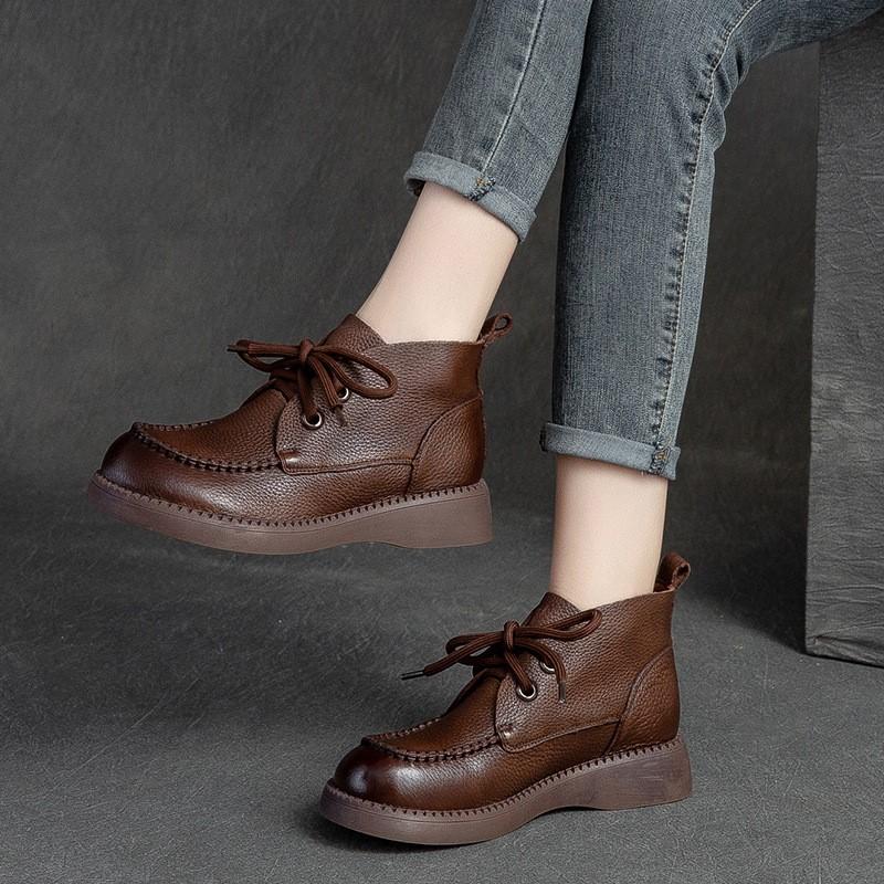 Johnature Retro Women Short Boots Genuine Leather Lace-Up Shoes Handmade Round Toe Soft Sole Flat Boots