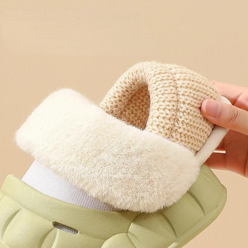 fashion Winter Women Thick Platform Waterproof Slipers Female Simple Non-Slip Flat Slippers Warm Plush Indoor Fur Cotton Shoes 2024