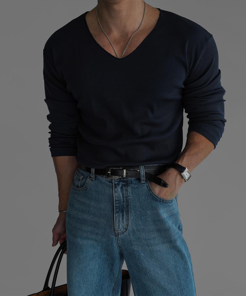 Baulopeulodeogteu Fine Ribbed V-Neck Long Sleeve Knit Tee [Navy]